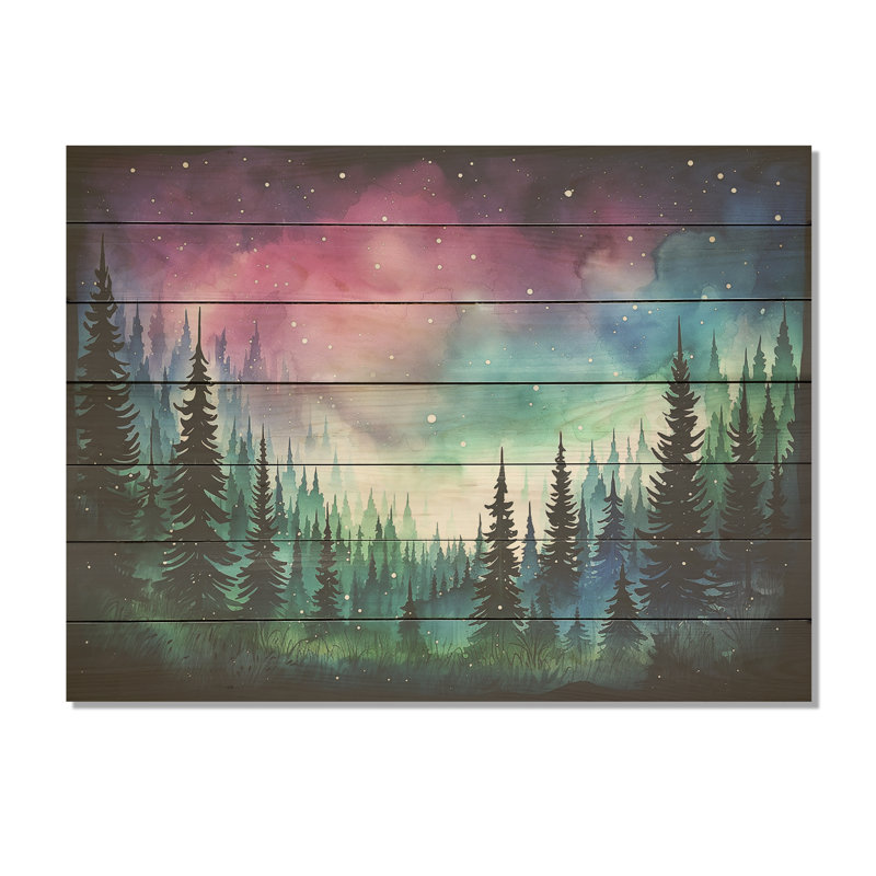 Purple Aurora Borealis Mountains I - Winter Mountains On Wood Print, 24" H x 32" W x 0.78" D