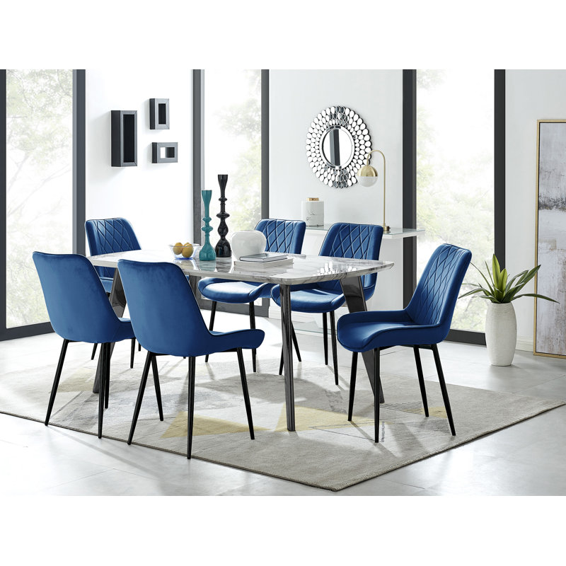 Anders Modern High Gloss Marble Effect Dining Table Set with 6 Luxury Velvet Dining Chairs, Navy/Black, Black