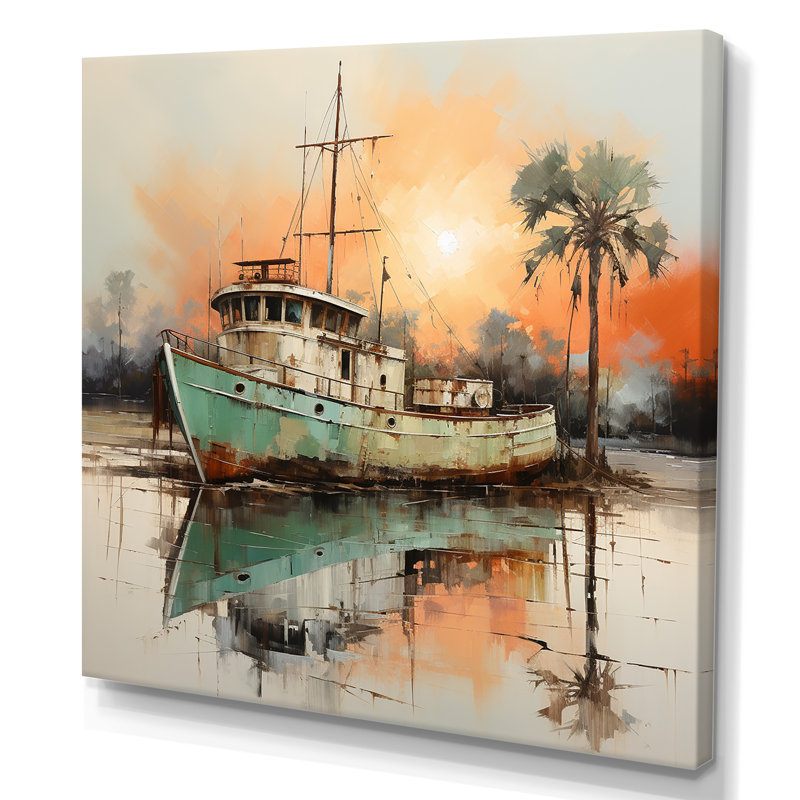 «Harbor Dawn Fishing Boat» - art mural bateau côtier, Toile tendue, H 16 po x l 16 po x P 1 po