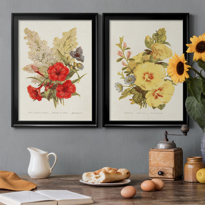 Antique Floral Bouquet V - Ensemble de 2 impressions sur toile encadrées, H 36,5 po x l 26,5 po x P 1,25 po, Cadre noir