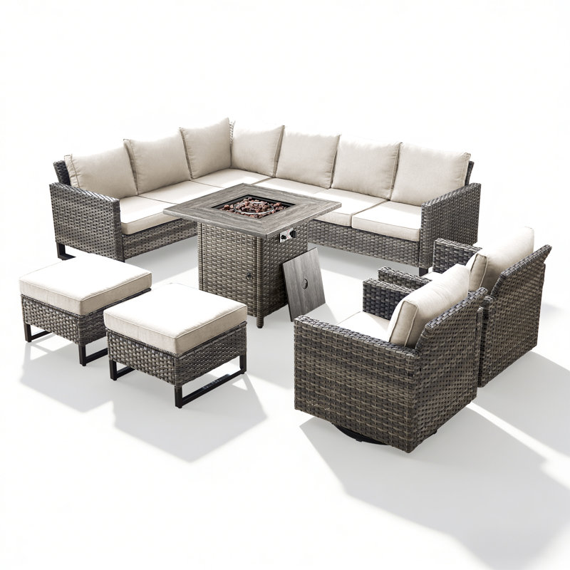 Brenon 9 - Person Outdoor Seating Group with Fire Pit with Cushions, Beige