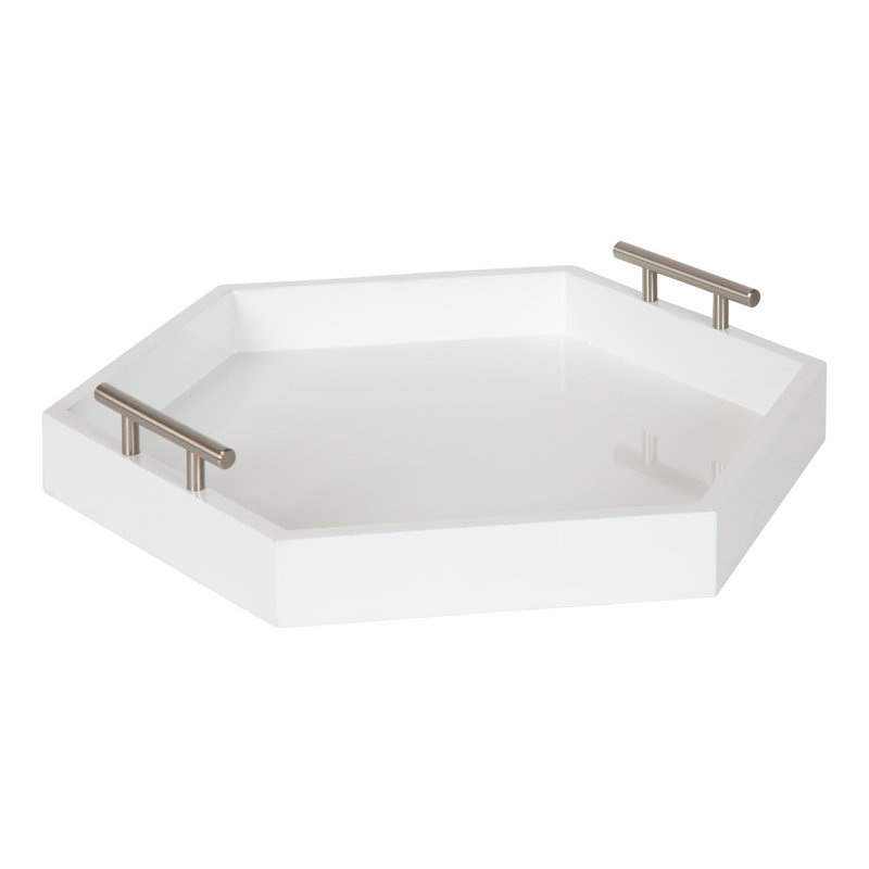 Norvan Hexagon Decorative Tray with Metal Handles, White/Silver
