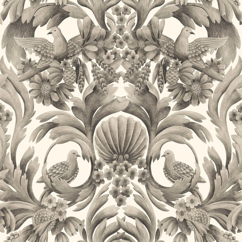 Damask Wallpaper Roll, Soot/Stone