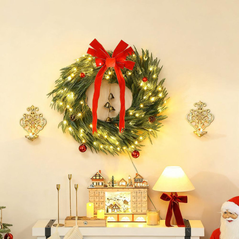 Couronne de Noël pour porte d'entrée avec lumières DEL, couronne de Noël pré-éclairée avec 8 modes et ornements, vert
