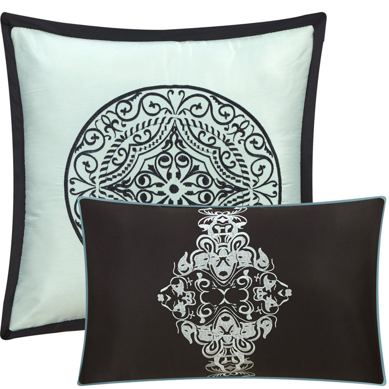 Arabesque 8 Piece Traditional Comforter Set, California King Comforter + 7 Additional Pieces, Blue/Gray/Black