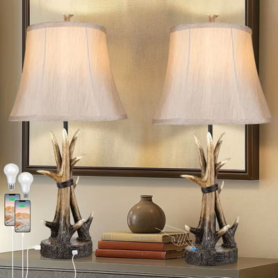 Ensemble de 2 lampes de table rustiques pour le salon, lampes de chevet de style campagnard de style campagnard pour chambre à coucher avec 2 ports de charge USB, lampes de table de chevet en résine à intensité variable à 3 voies avec abat-jour, ampoules DEL incluses