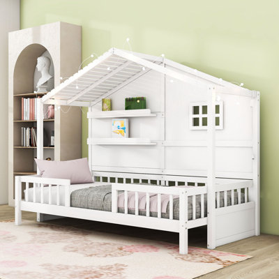 Twin Wooden House Bed With Light Strip And Built-In Shelves