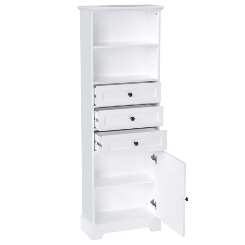 White Tall Storage Cabinet With 3 Drawers And Adjustable Shelves For Bathroom, White