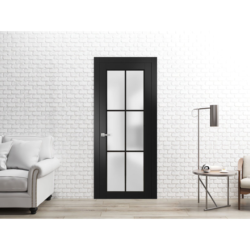 Matte Black Solid Pine French Door with Frosted Glass, 80 x 32 Inch