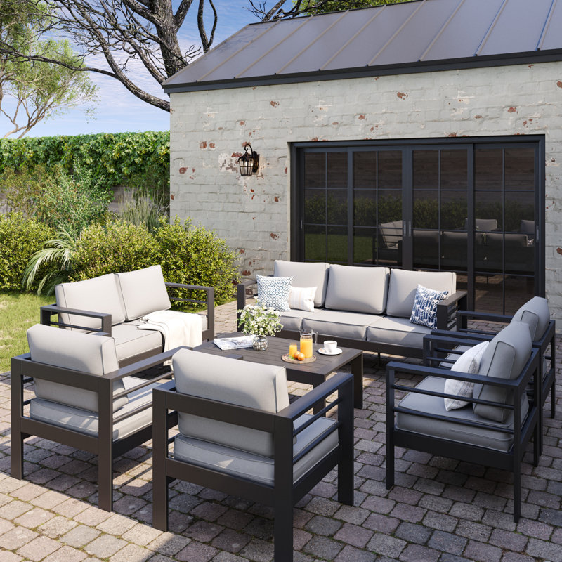 Braecona 9-Person Outdoor Seating Set With Cushions, Dark Gray Frame/Light Gray Cushion