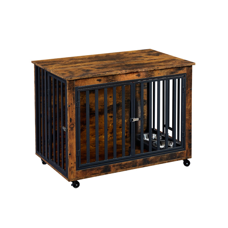 (côté brun rustique) table d'appoint pour chien avec bol d'alimentation, roulettes et trois portes, Brun rustique