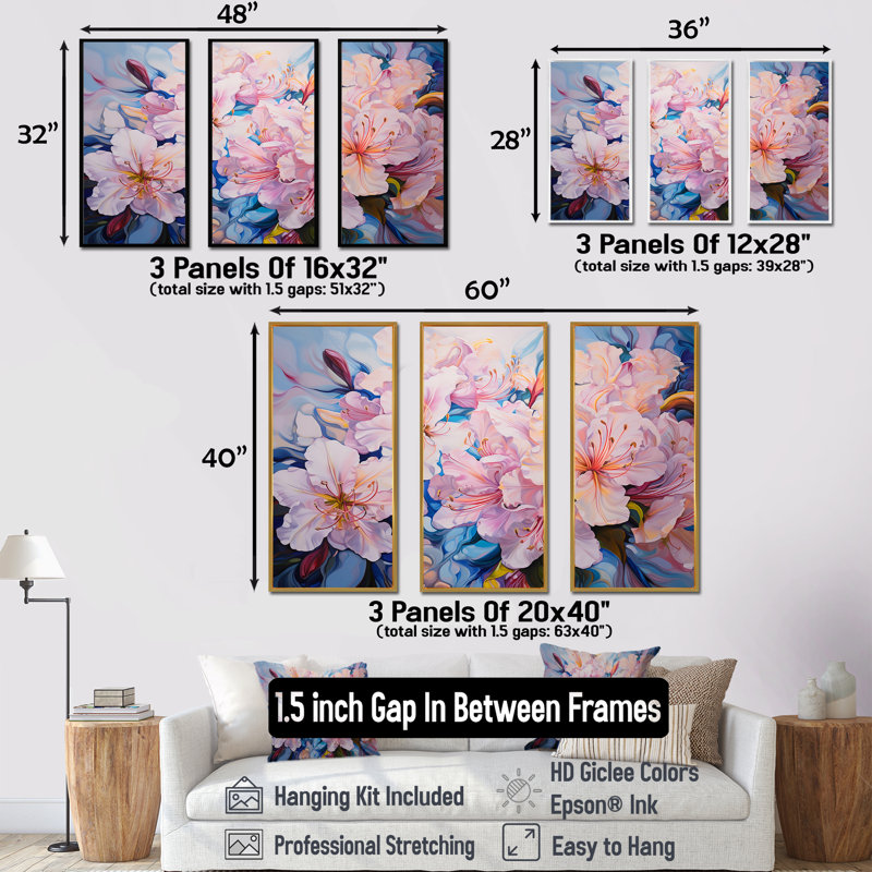 Ensemble de salon art mural rhododendron rose, Cadre naturel flottant, H 28 po x l 36 po x P 1 po