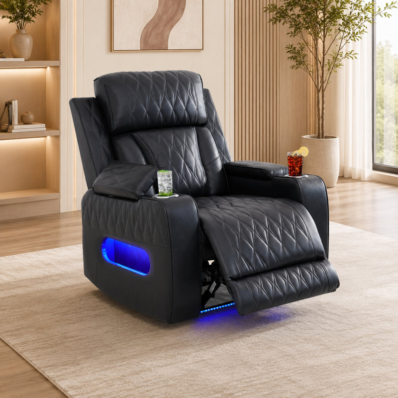 Fauteuil inclinable électrique Culloden 37,5 po (95 cm) de large en cuir respirant avec accoudoirs de rangement, porte-gobelet et éclairage DEL bleu | Sièges de cinéma maison