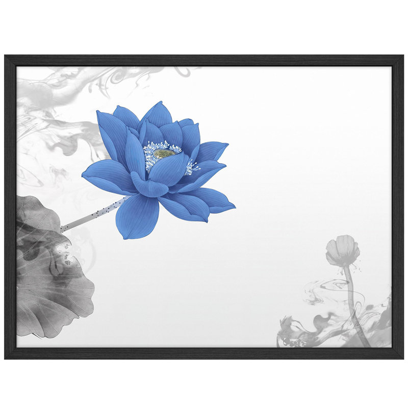Elegant Blue Lotus Flower with Abstract Smoke Design Illustrations Rustic Framed Poster, 11" H x 14" W, Black