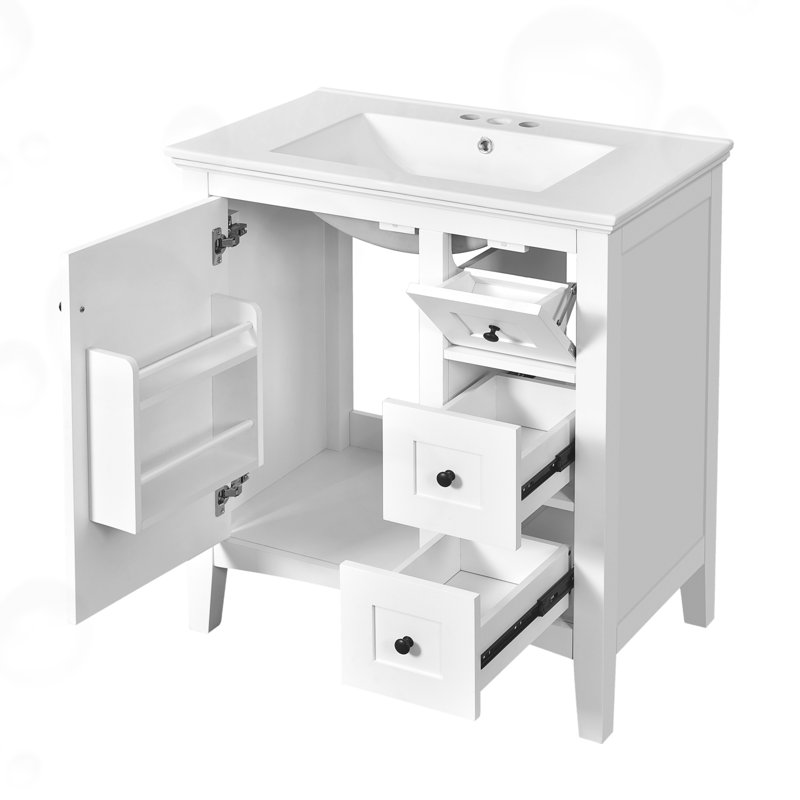 Meuble-lavabo moderne avec lavabo en céramique et 3 tiroirs, Blanc