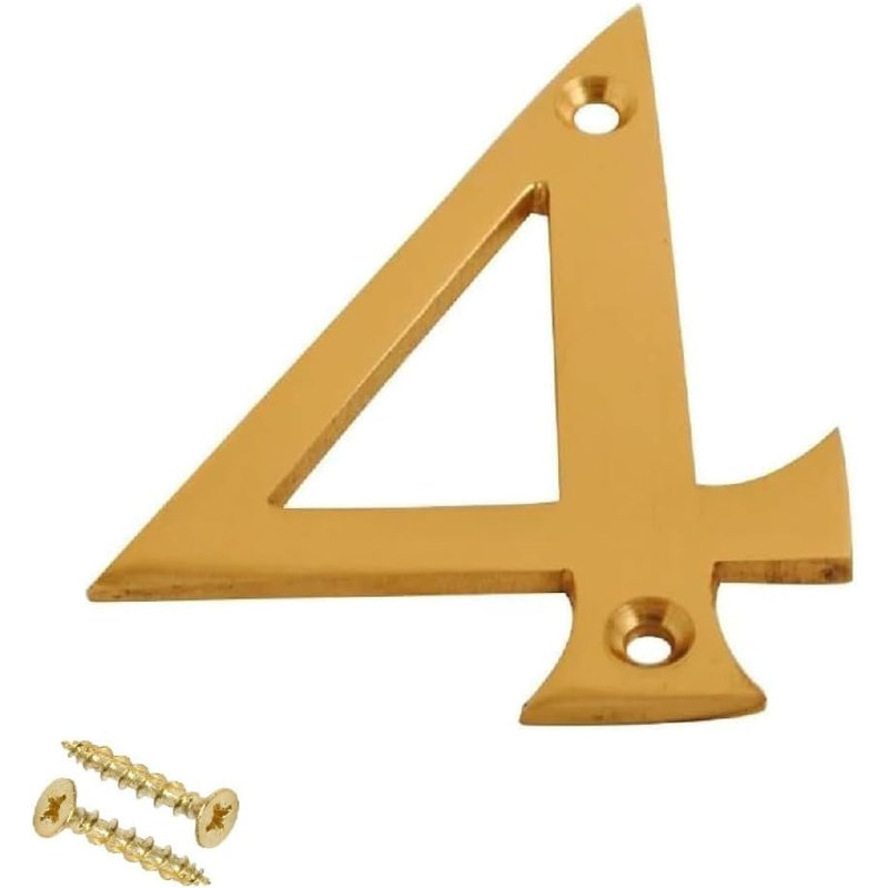 3 inch Brass Door Polished Screw On Front Door Numeral with Fixing Screws for uPVC, Wooden & Composite Exterior Doors, 4