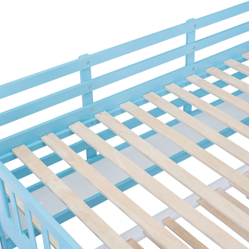 Lit superposé bleu avec 2 tiroirs, 3 tablettes, glissière en bois de pin, Full, Blue