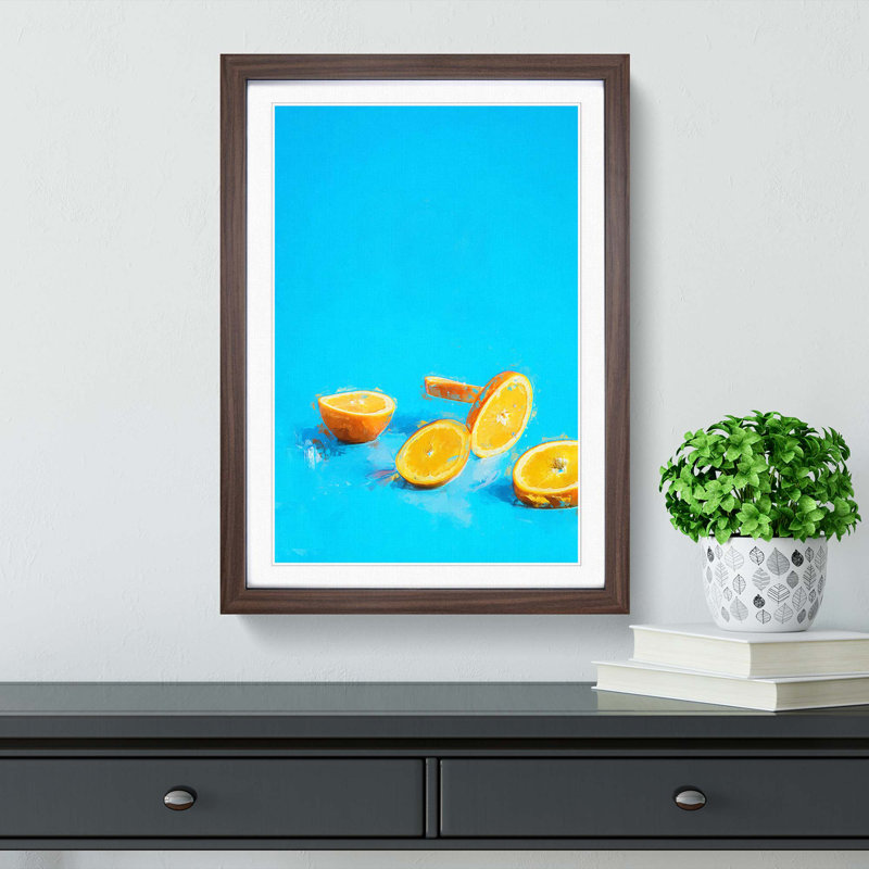 Falling Oranges - Picture Frame Graphic Art Print, 60cm H x 40cm W x 2cm D, Walnut