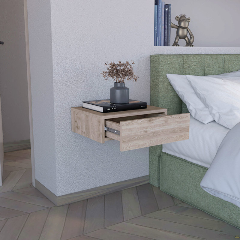Table de chevet flottante H 5 po, tablette murale moderne avec tiroir, Gris clair