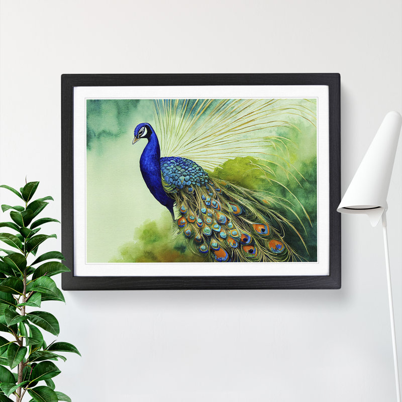Watercolour Peacock - Single Picture Frame Print, Black Framed, 25cm H x 34cm W x 2cm D