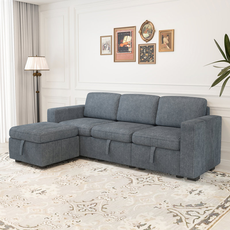 Upholstered L-Shaped Corduroy Sectional 3-Seat Sofa with Storage and Ottoman, 34" H x 92" W x 57" D