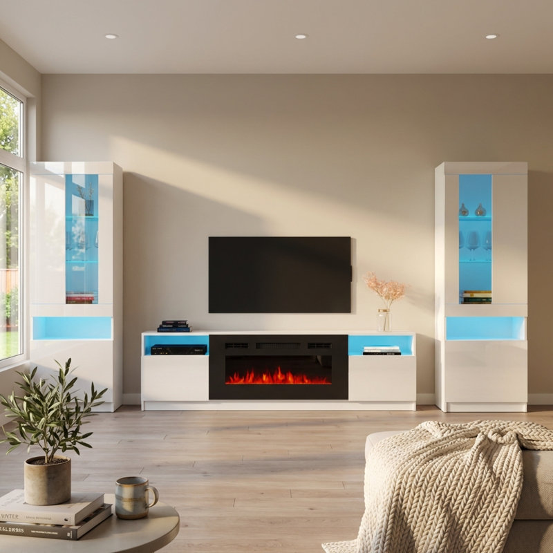 Delaine 126" Modern Entertainment Center with Electric Fireplace, High Gloss Finish, Media Storage, Gray/Black/Black