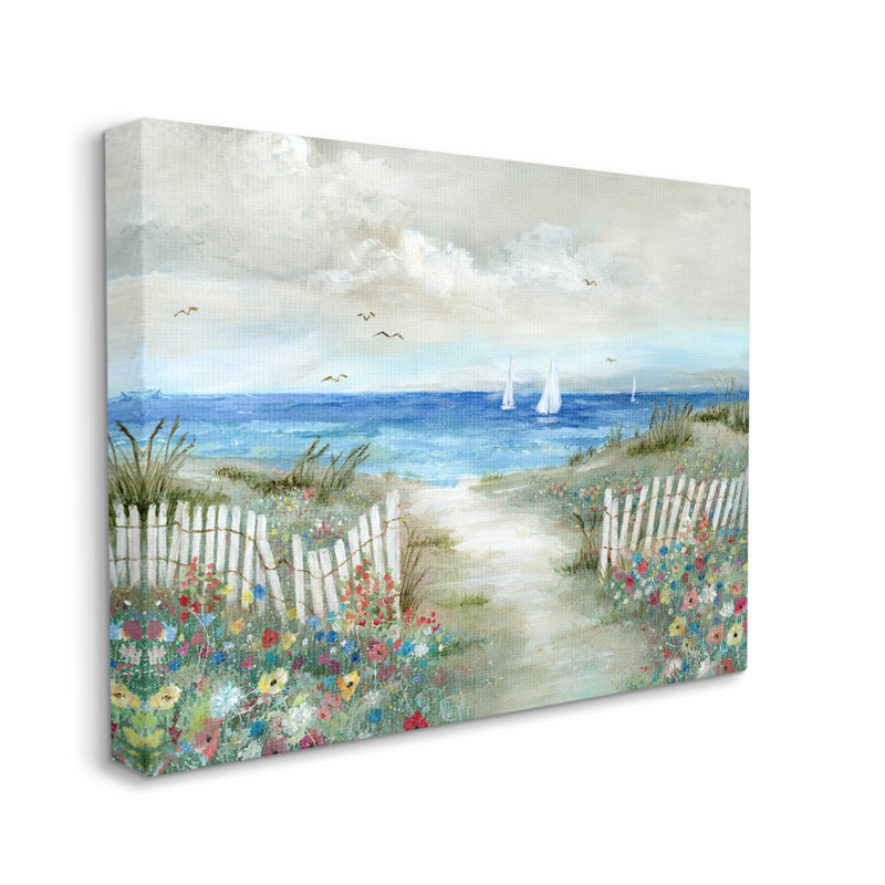 Tranquil Beachside Flower Meadow Ocean Sail Sailers par Nan - peinture sur toile à cadre flottant, Toile tendue