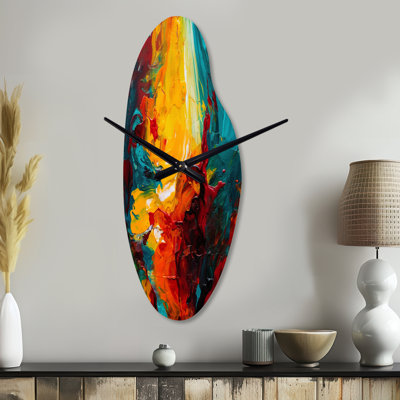 «Kanade» jaune et turquoise «Journey of Abstraction II» - horloge murale incurvée abstraite en métal, impression d'horloge murale asymétrique moderne