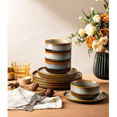 Ceramic Dinnerware Sets for 4, 12 Pieces Handmade Reactive Glaze Plates and Bowls Set, Scratch Resistant Dish Set, Oven & Microwave & Dishwasher Safe, Dusk Blue