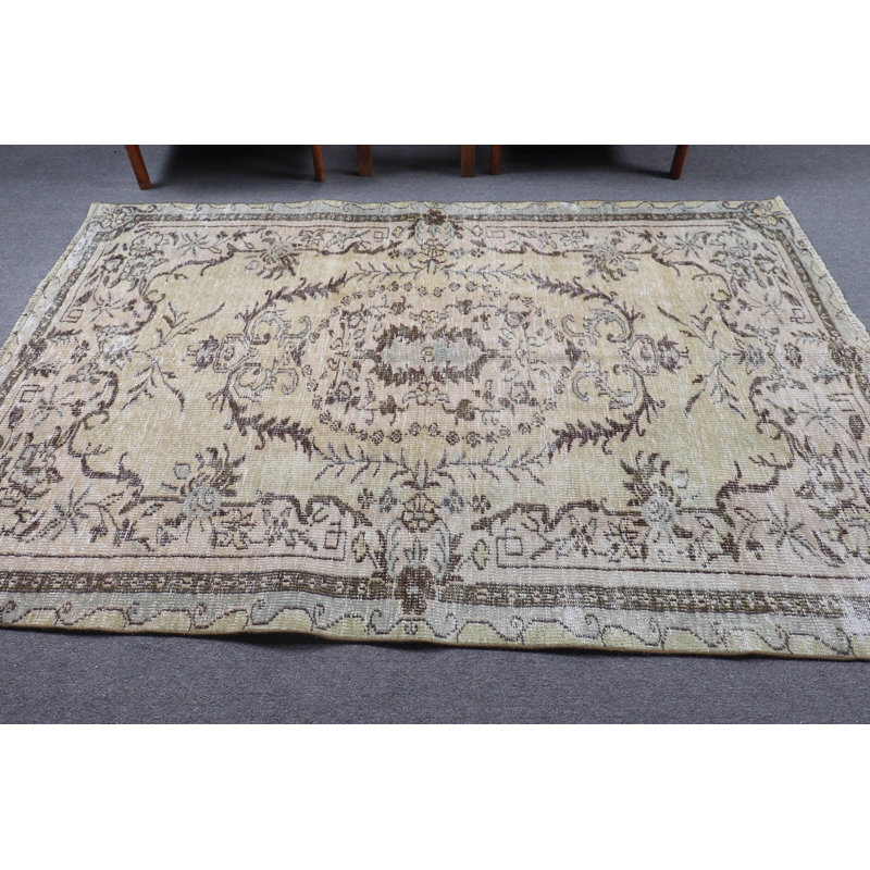 Authentique tapis turc Oushak rétro beige - Revêtement de sol classique tissé à la main