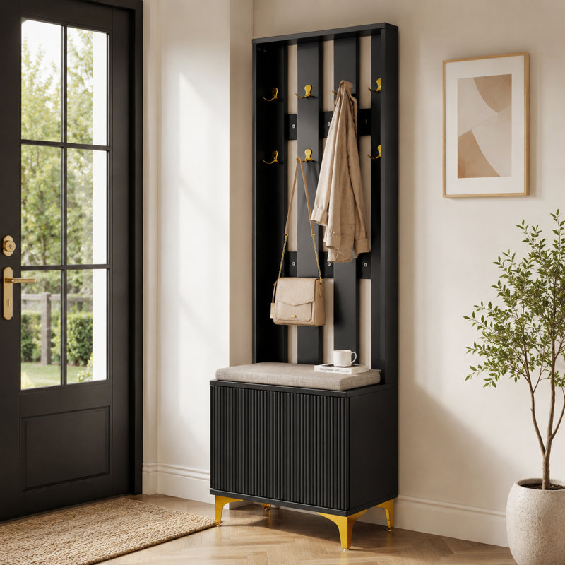 Ensemble de portemanteaux d'entrée avec banc à chaussures rembourré, crochets et armoire de rangement pour chaussures