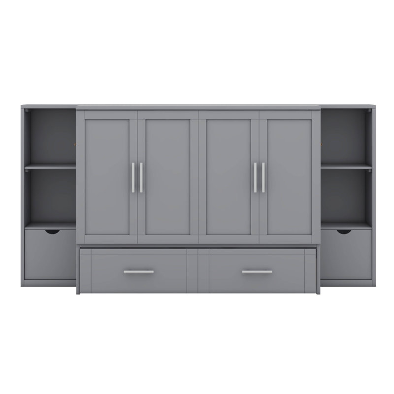 Lit escamotable double avec tablettes, tiroirs et ports USB, gris