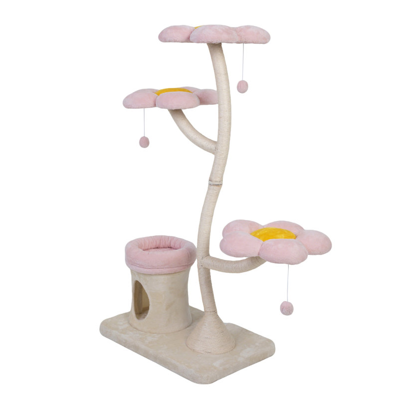 Arbre à chat en forme de fleur, avec lit plateforme en fleurs, condo et jouets suspendus, tour de chat à plusieurs niveaux pour chats d'intérieur, moderne