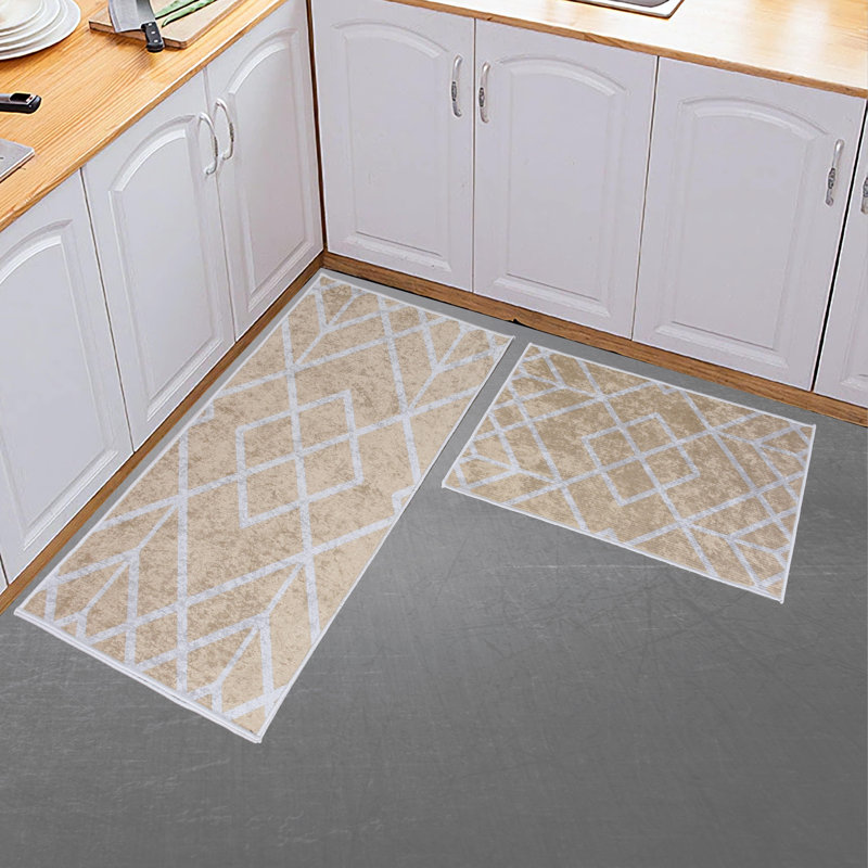 Jenohn Geometric Non-Skid Kitchen Mat, Amore-Beige