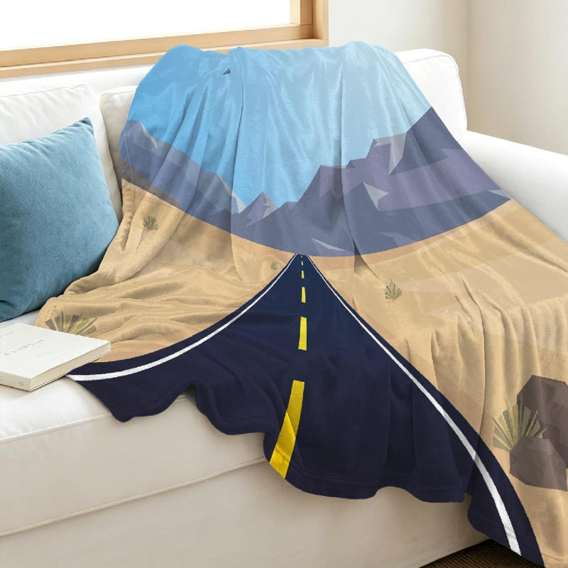 Jeté en flanelle bleue ultra douce, imprimé désert sur route et montagnes, Throw 40" x 50"