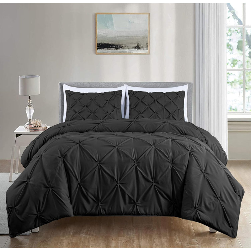 Berlin Pintuck Microfiber 3-Piece Comforter Set, Black, Queen Comforter + 2 Standard Shams