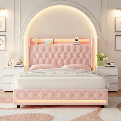 3-Piece Modern Elegant Bedroom Sets With Velvet Bed & Two Storage Nightstands