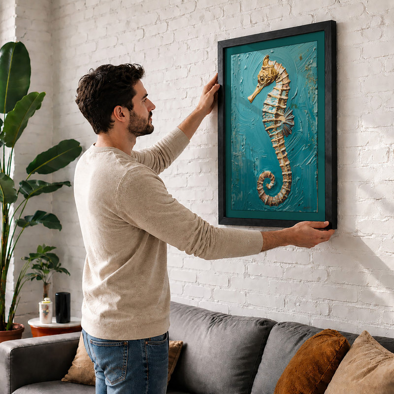 Seahorse on Weathered Blue Coastal - Framed Print, A4 - 29.7 x 21.0 cm, Black