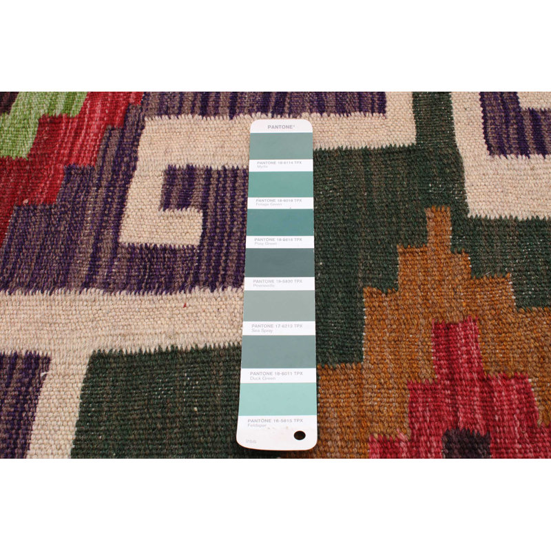 Tapis vert / rouge / beige en laine fabriqué à la main de style kilim Aldren Southwestern Rectangle 6 pi 6 po x 9 pi 9 po