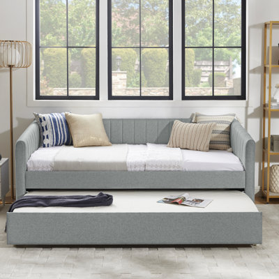 Grey Linen Twin Size Bed With Trundle, Vertical Stripes, 82.5"X43"X30", Comfortable For Bedroom, Contemporary Style, Smooth Installation Upholstered Daybed Linen, Minimalist Look, Assembly