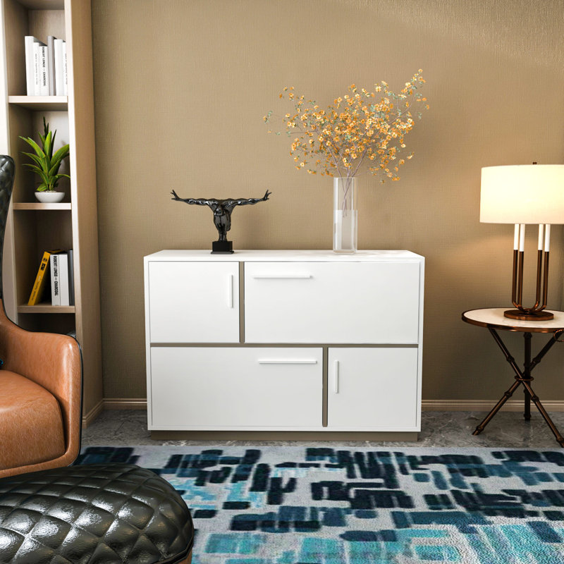 Modern Console Table, White & Walnut, 28.3 x 32.7 x 16.5 inches | 100% Melamine Coated Particle Board, Thickness: 0.7 inches | Scandinavian Design, Stylish Storage Solution for Living Room & Entryway
