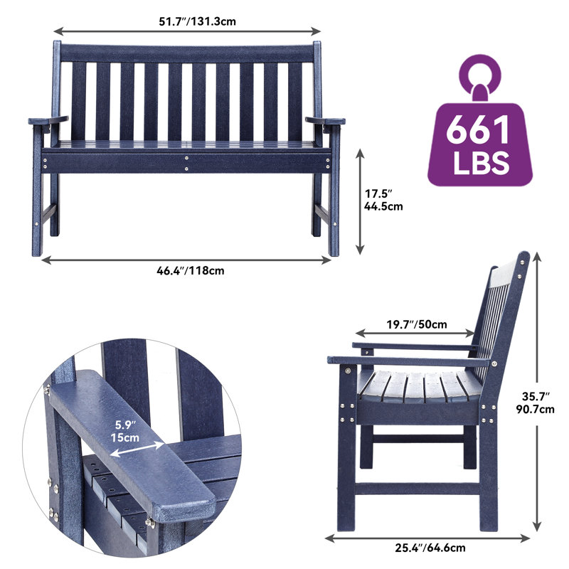 Banc d'extérieur en PEHD Aunye, Bleu marine