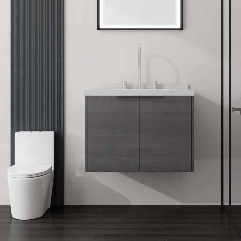 Meuble-lavabo flottant avec comptoir en marbre de culture et portes à fermeture en douceur, Gris