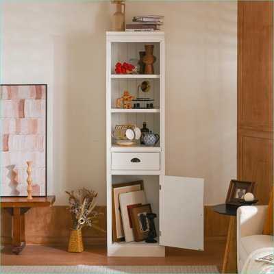Bookcases | 75" Narrow Freestanding Farmhouse Bookcase, Painted White Storage Organizer with 1 Drawer &amp; Cabinet for Home | MDF | Living Room