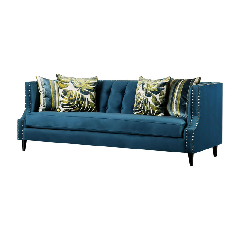 90.4" W Transitional Sofa, Dark Teal/Apple Green