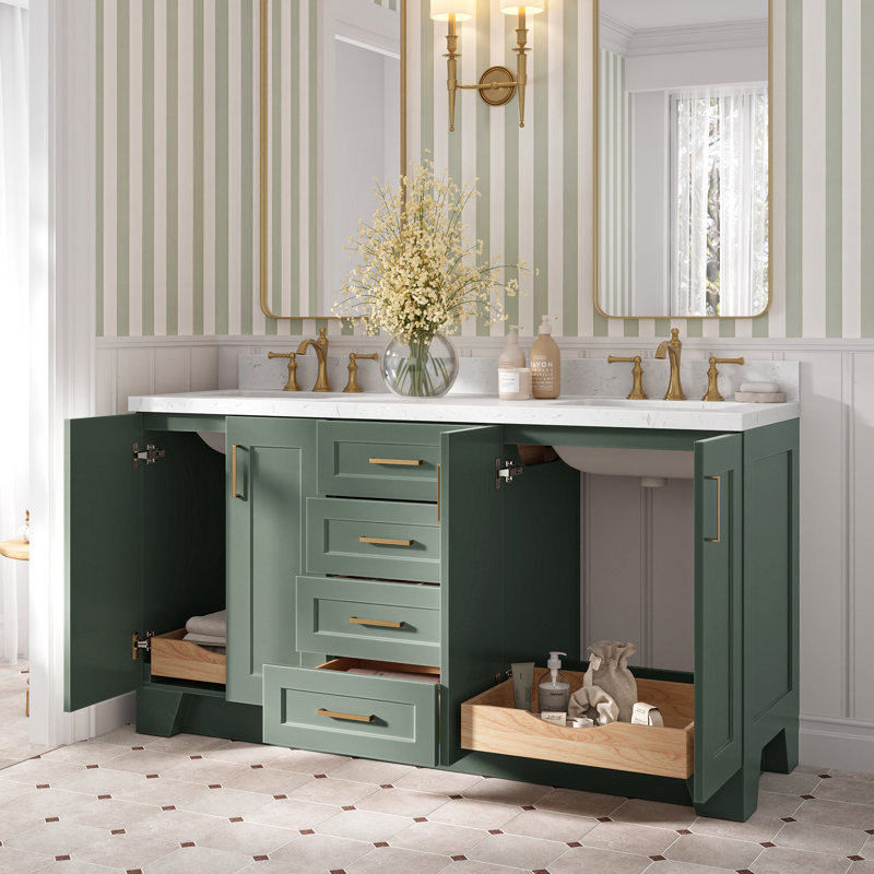 Meuble-lavabo double en bois massif 66 po Frawley en blanc avec comptoir en quartz blanc Carrara, Forme rectangulaire, Blanc