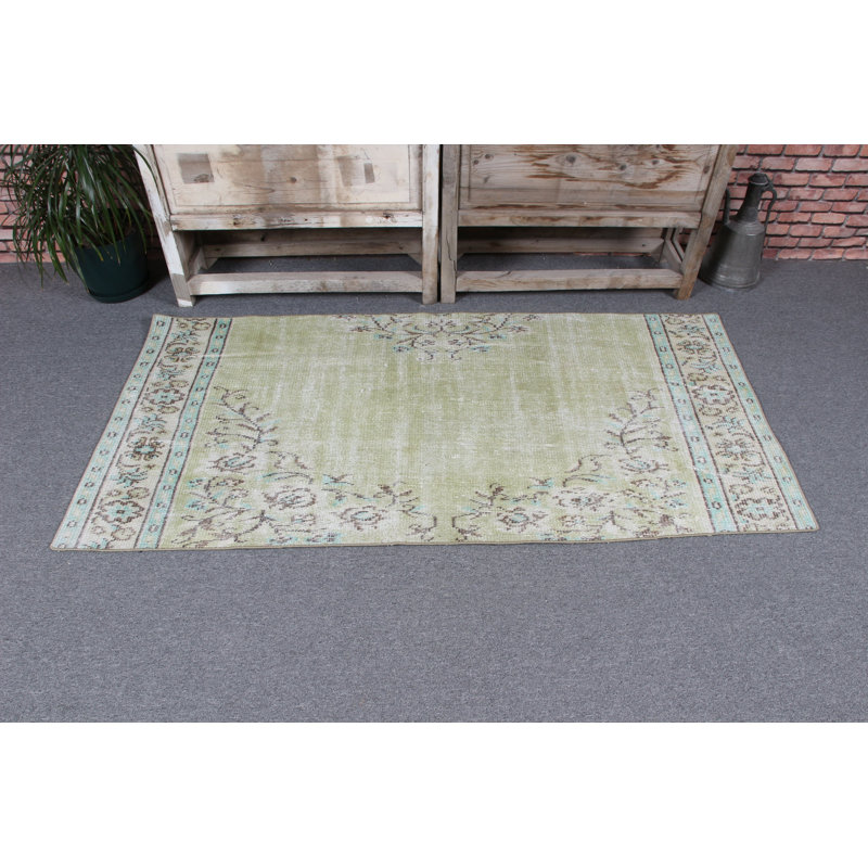 Antique Anatolian-Inspired Green Woolen Accent Rug Ideal For Bedroom Or Kitchen