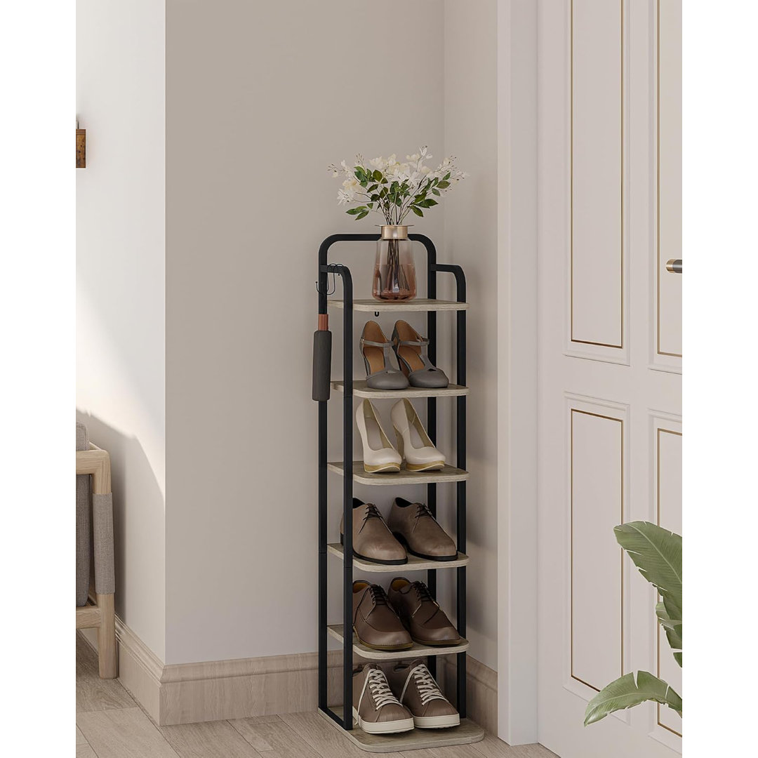 Vertical Shoe Rack, Shoe Shelves, Wood Shoe Organizer for Closet, Entryway, Shoe Tower for Small Spaces, Free Standing, Adjustable, with 2 Hooks, 6 Ti