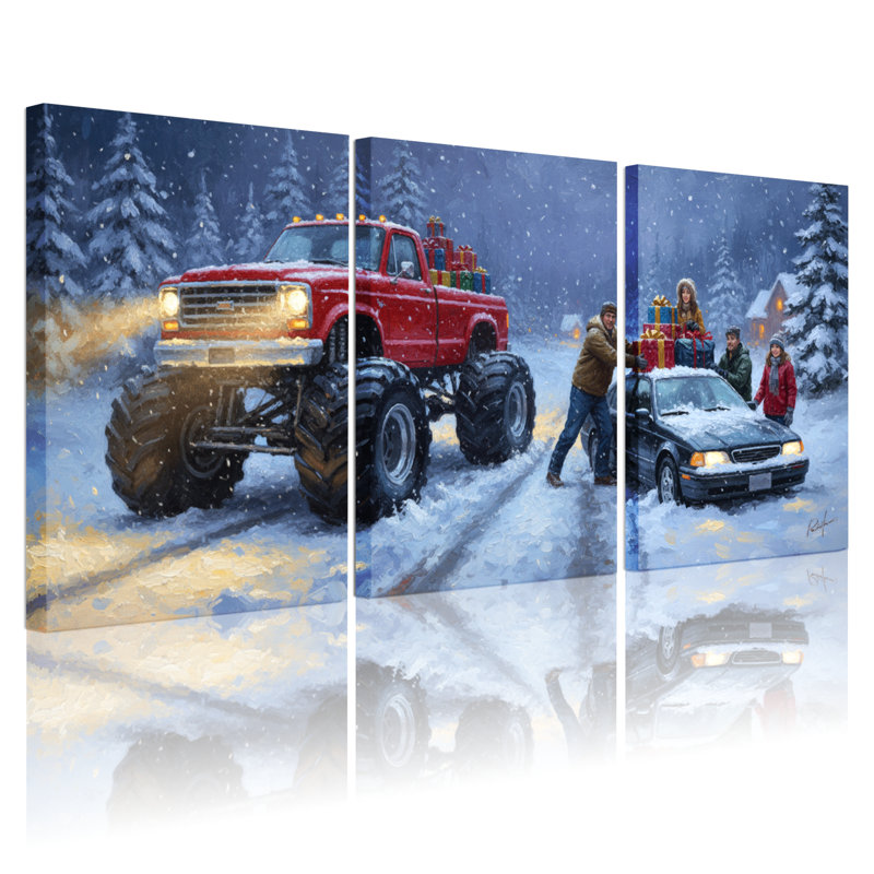 Ensemble de 3 reproductions d'art sur toile de Noël camion rouge neige enneigée, H 24 po x l 48 po