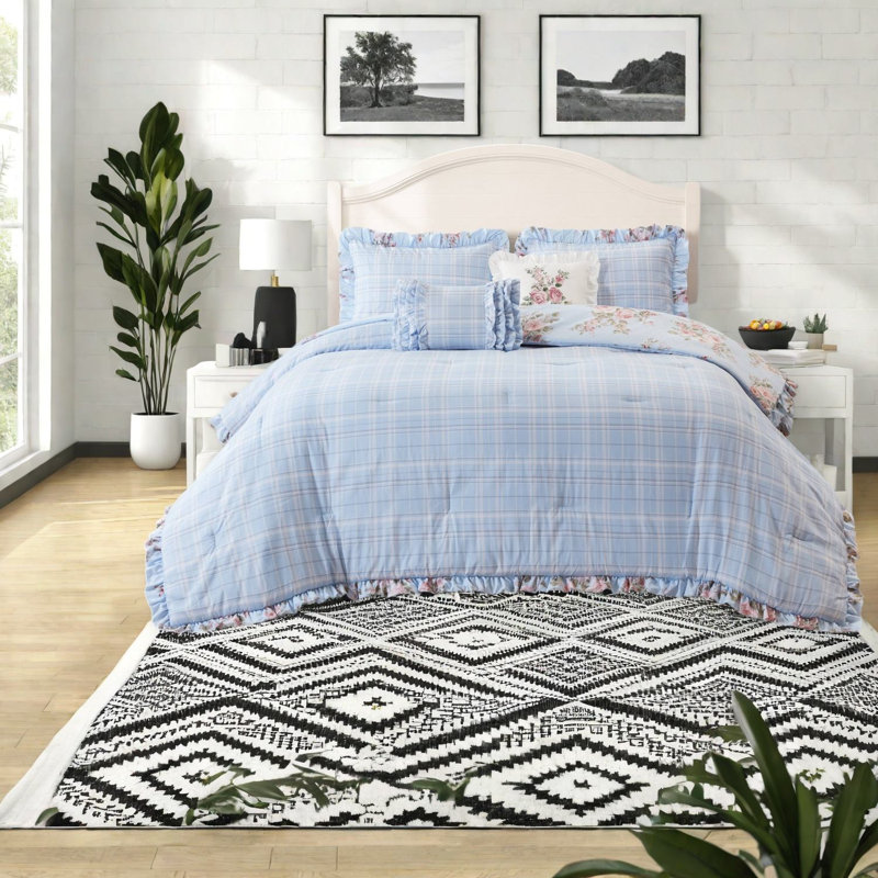 De literie à deux pièces, chambre de ferme en microfibre bleue simple TG